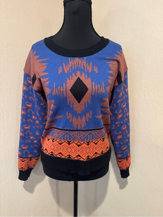 Flying Tomato Sweaters - Bold Flying Tomato Southwestern  Blue, Orange & Black Crewneck Sweater